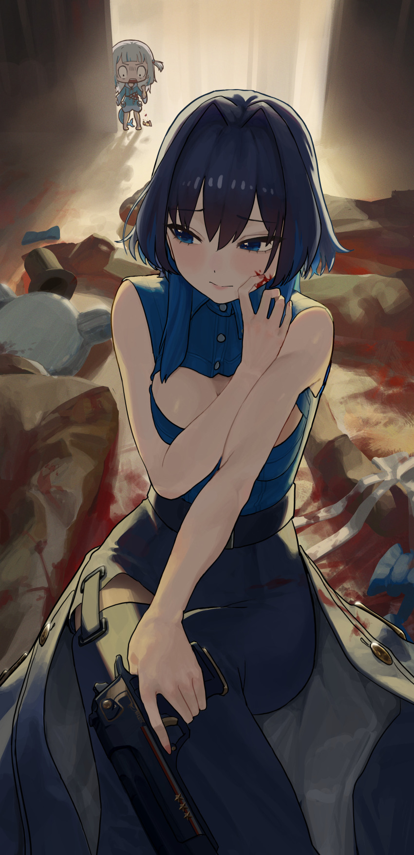 2girls, absurdres, art_study, belt, black_belt, black_hat, blood, blood_on_face, blood_splatter, blue_coat, blue_eyes, blue_hair, blue_hoodie, blue_pants, blue_shirt, breasts, cleavage_cutout, closed_mouth, clothing_cutout, coat, commentary, constricted_pupils, english_commentary, fins, fish_tail, gawr_gura, gawr_gura_(1st_costume), grey_hair, gun, hair_between_eyes, hair_intakes, handgun, hat, highres, holding, holding_gun, holding_weapon, hololive, hololive_english, hood, hoodie, kronie_(ouro_kronii), large_breasts, light_blush, long_hair, long_sleeves, looking_to_the_side, lying, multicolored_hair, multiple_girls, nash65, official_alternate_costume, official_alternate_hairstyle, on_stomach, open_mouth, ouro_kronii, ouro_kronii_(4th_costume), pants, scared, scratching_cheek, shark_girl, shark_print, shark_tail, shirt, sitting, sleeveless, sleeveless_shirt, solo_focus, spy_x_family, standing, streaked_hair, style_study, tail, teeth, top_hat, trigger_discipline, upper_teeth_only, v-shaped_eyebrows, virtual_youtuber, weapon, wide-eyed, wide_sleeves, wolf_cut