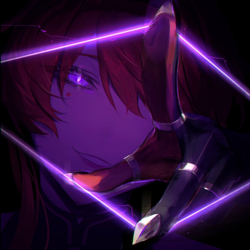 1girl, black_background, chinese_clothes, close-up, electricity, glowing, glowing_eyes, hair_between_eyes, hand_up, highres, index_finger_raised, jsuwbsg, looking_at_viewer, parted_lips, puppet_strings, purple_eyes, reaching, reaching_towards_viewer, red_hair, smile, solo, wuthering_waves, yinlin_(wuthering_waves)