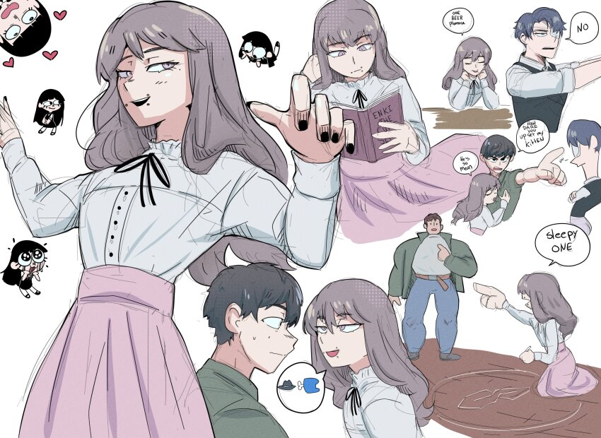 2girls, 3boys, absurdres, black_hair, black_nails, blue_eyes, book, brown_hair, daan_(fear_&amp;_hunger), eyepatch, face_piercing, fear_&amp;_hunger, fear_&amp;_hunger_(series), fear_&amp;_hunger_2:_termina, green_jumpsuit, grey_hair, highres, holding, holding_book, jumpsuit, levi_(fear_&amp;_hunger), looking_at_another, marcoh_(fear_&amp;_hunger), marina_(fear_&amp;_hunger), mole, mole_under_mouth, mouth_piercing, multiple_boys, multiple_girls, onac911, piercing, pink_skirt, pointing, pointing_at_another, reading, samarie_(fear_&amp;_hunger), shirt, skirt, white_shirt