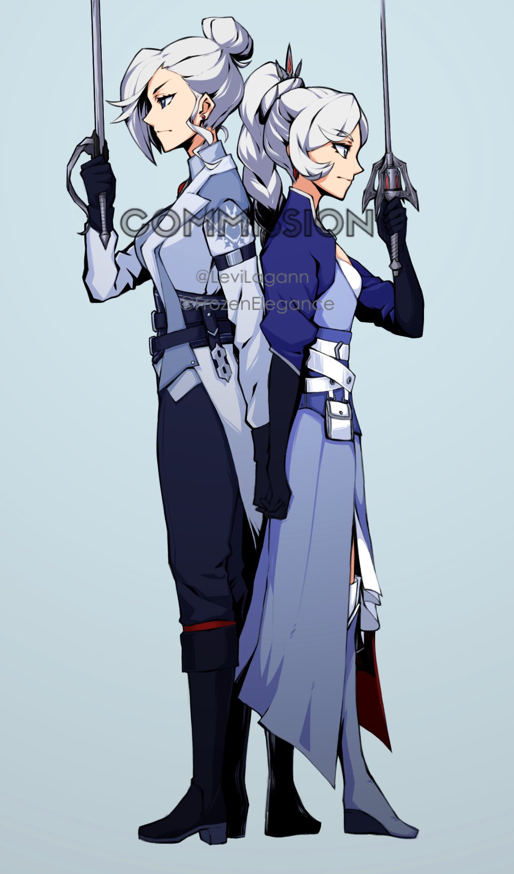 2girls, back-to-back, belt, black_footwear, black_gloves, black_pants, blue_eyes, blue_skirt