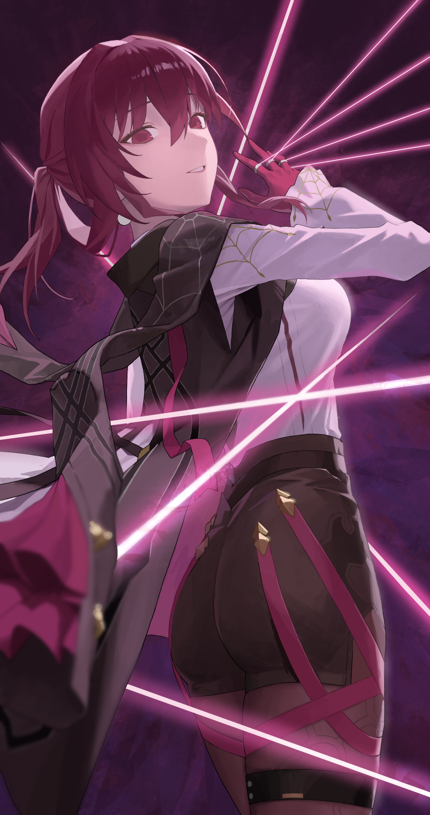 1girl, absurdres, ass, back, belt, black_belt, black_jacket, breasts