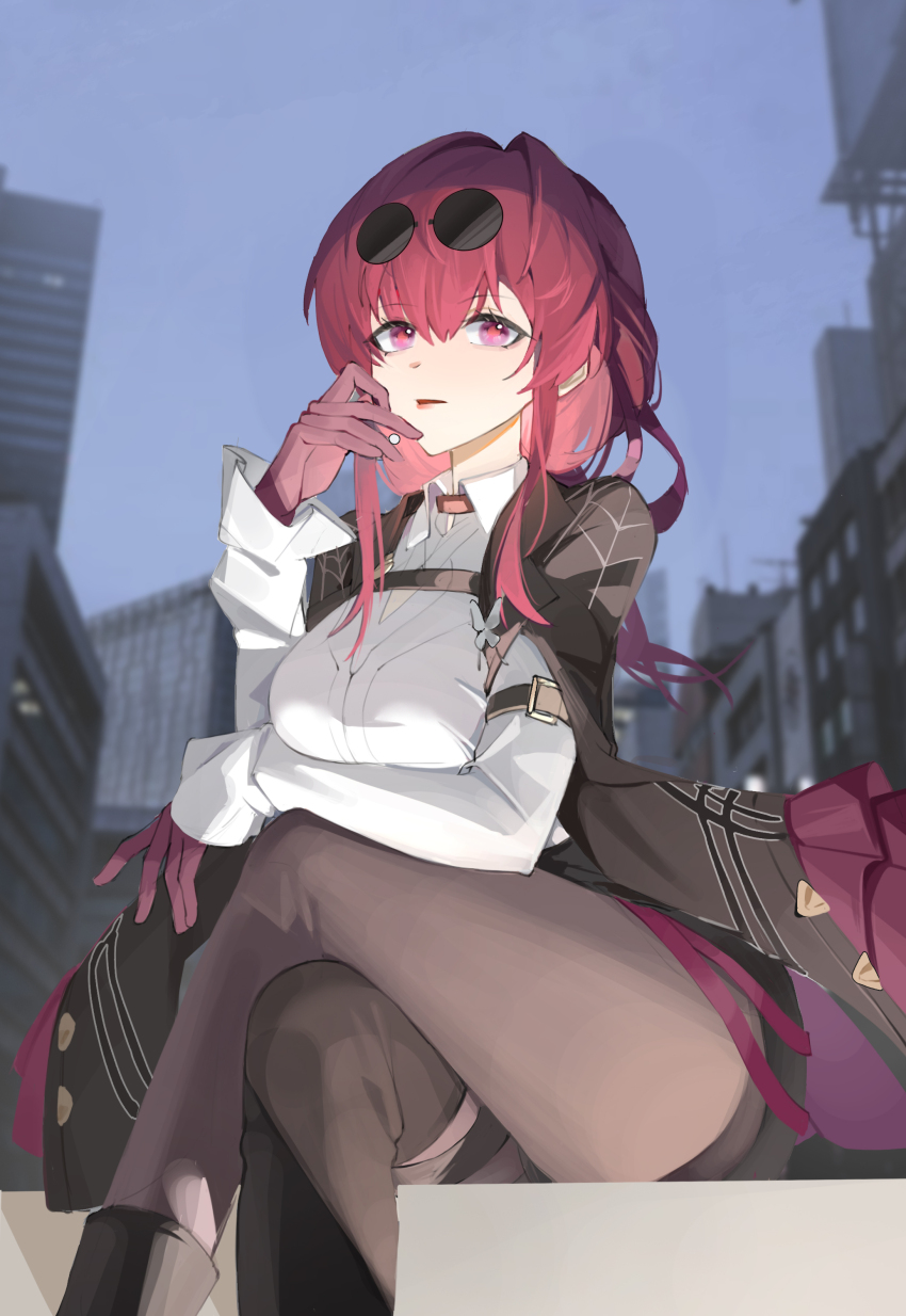 1girl, absurdres, belt, black_belt, black_boots, black_jacket, black_shorts, blue_sky