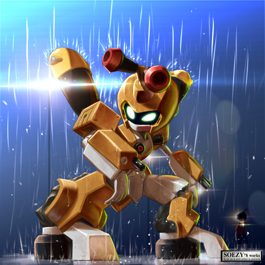 2boys, arm_cannon, armor, artist_name, blue_background, commentary_request, dark_background, glint