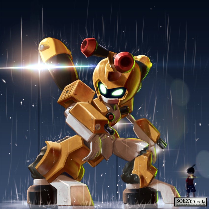 2boys, arm_cannon, armor, artist_name, commentary_request, dark_background, glint, glowing