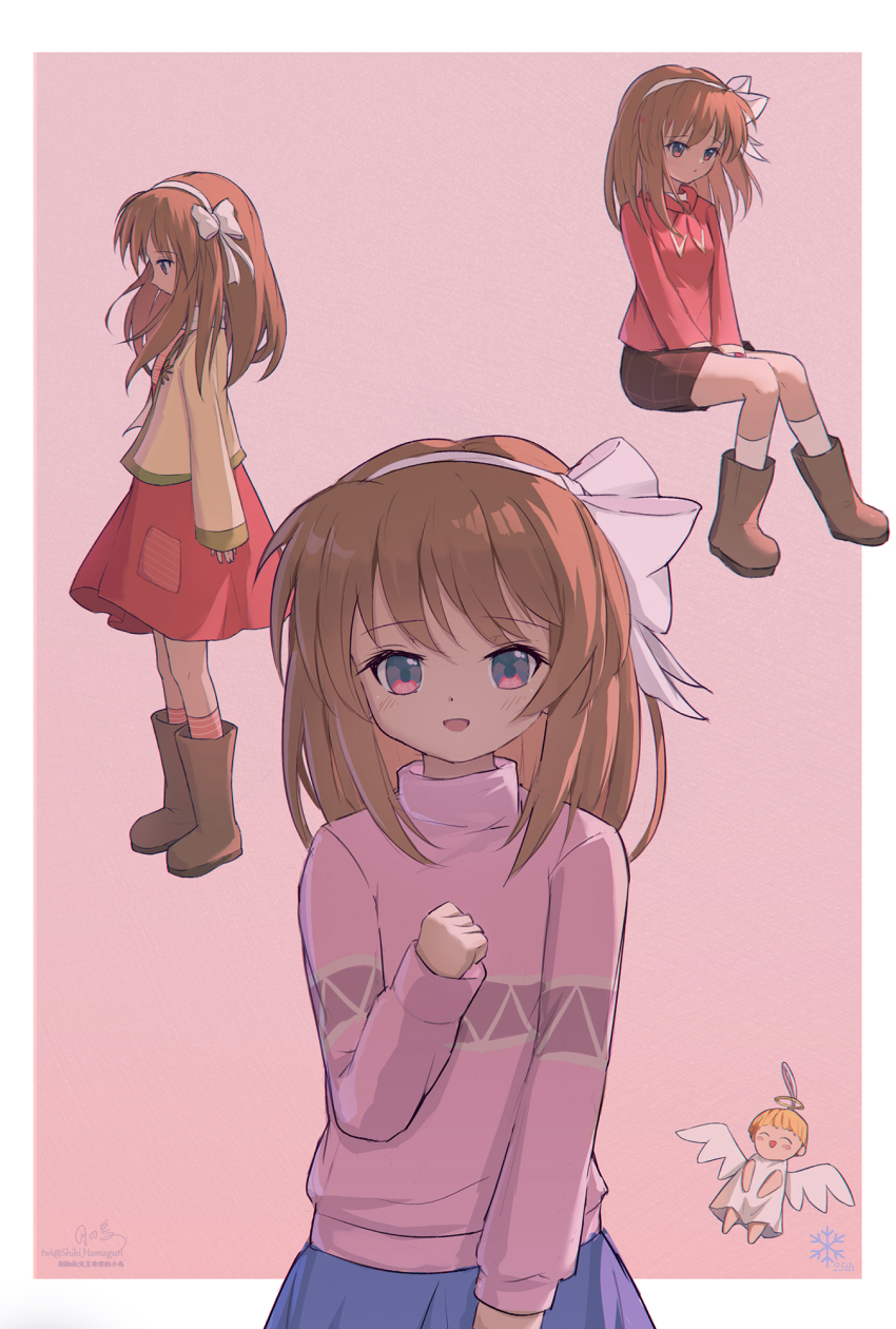 1girl, :d, aged_down, angel, arm_at_side, blue_skirt, blush, blush_stickers