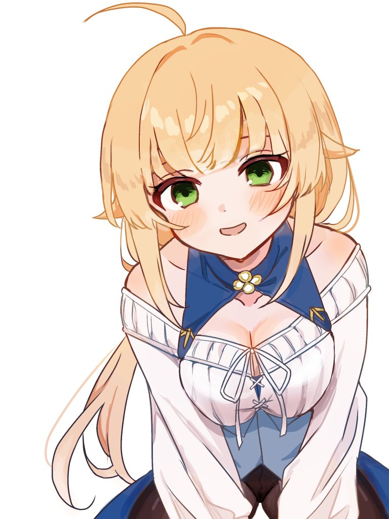 1girl, ahoge, alternate_breast_size, baru_4416, blonde_hair, blue_capelet, blush_stickers, breasts
