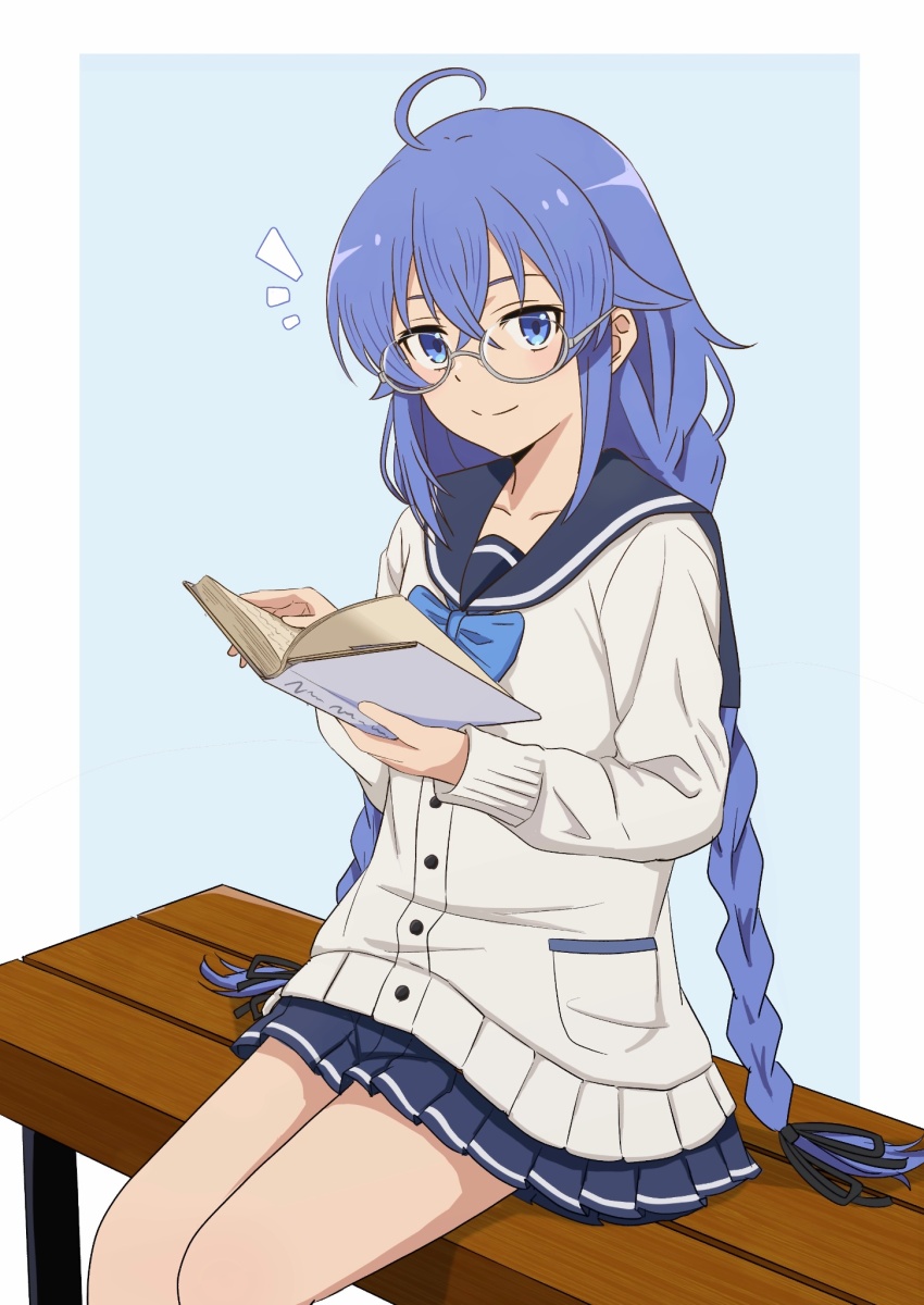 1girl, ahoge, bench, black_ribbon, blue_background, blue_bow, blue_bowtie, blue_eyes