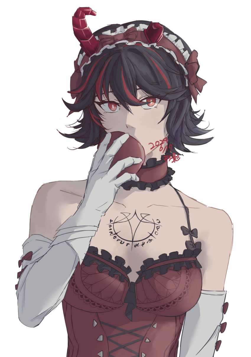 1girl, apple, bare_shoulders, black_hair, broken_horn, chest_tattoo, choker, commentary_request