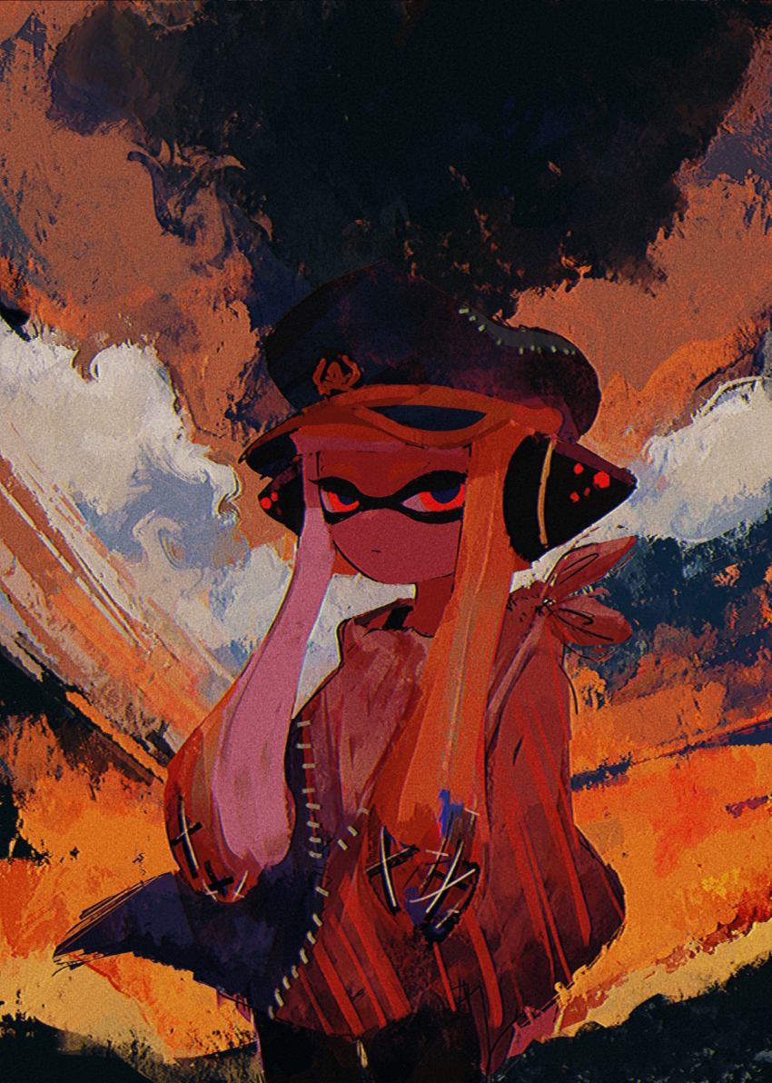 1girl, abstract_background, agent_3_(splatoon), black_background, black_hat, blonde_hair, captain_3_(splatoon), commentary_request