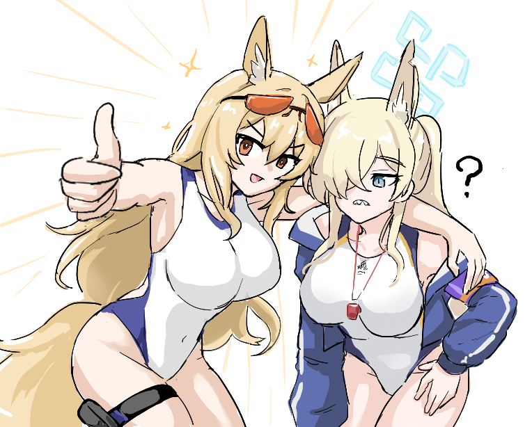 2girls, ?, animal_ear_fluff, animal_ears, arknights, armband, blonde_hair, blue_archive