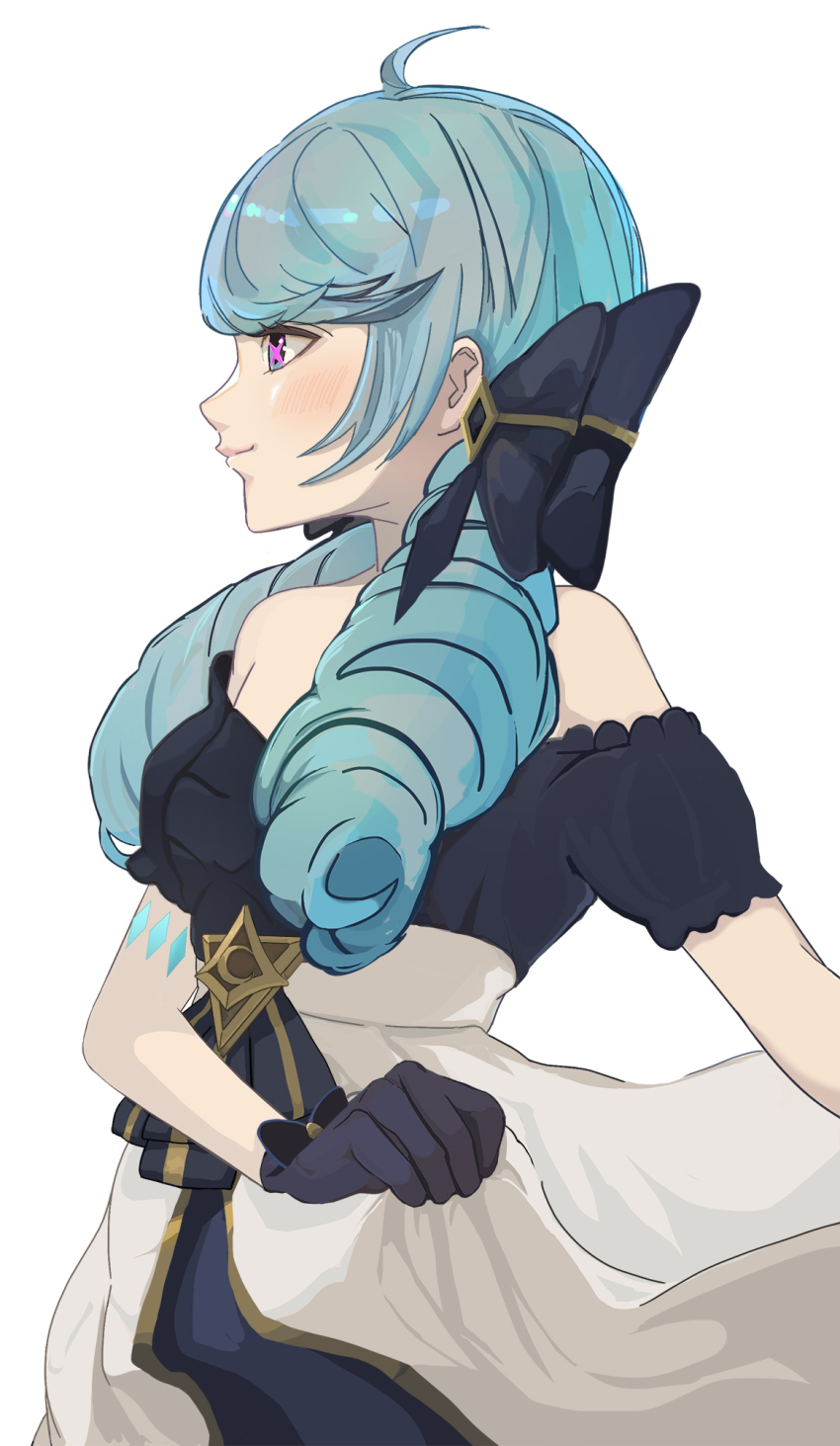 1girl, ahoge, bare_shoulders, black_bow, black_dress, black_gloves, blush, bow