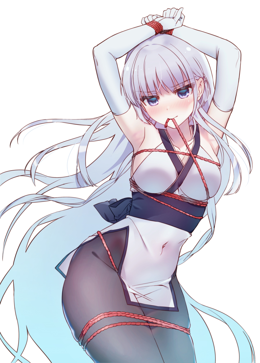 1girl, absurdres, adapted_costume, arm_above_head, arms_up, backboob, bare_shoulders, bdsm