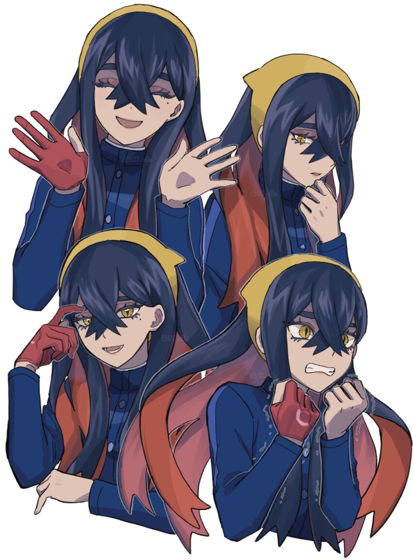 1girl, black_hair, blue_jacket, carmine_(pokemon), clenched_hands, clenched_teeth, colored_inner_hair, commentary