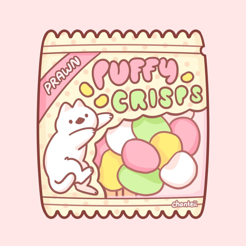 anime_coloring, artist_name, cat, commentary, english_commentary, english_text, fishsideup, food, food_focus, food_wrapper, highres, marshmallow, no_humans, original, pink_background, simple_background, snack