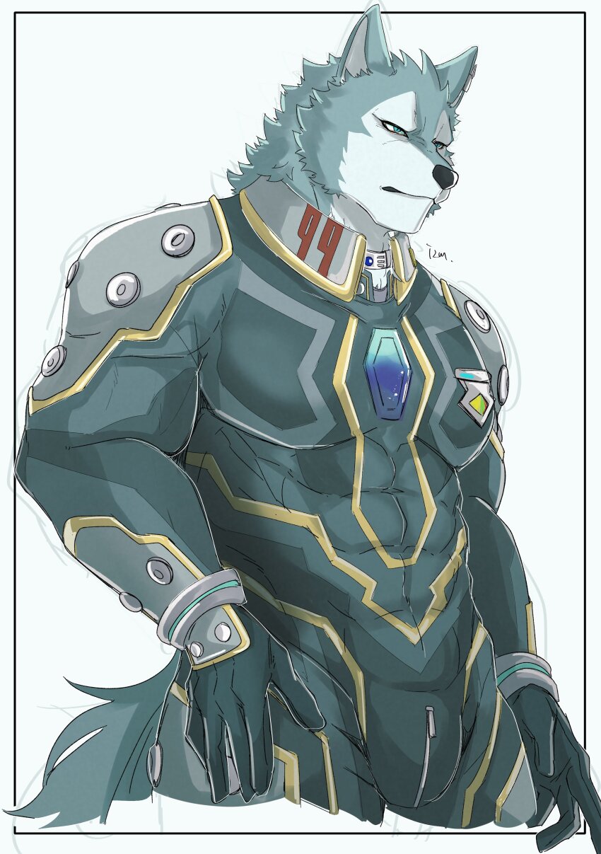 1boy, absurdres, animal_ear_piercing, animal_ears, bara, black_border, bodysuit, border