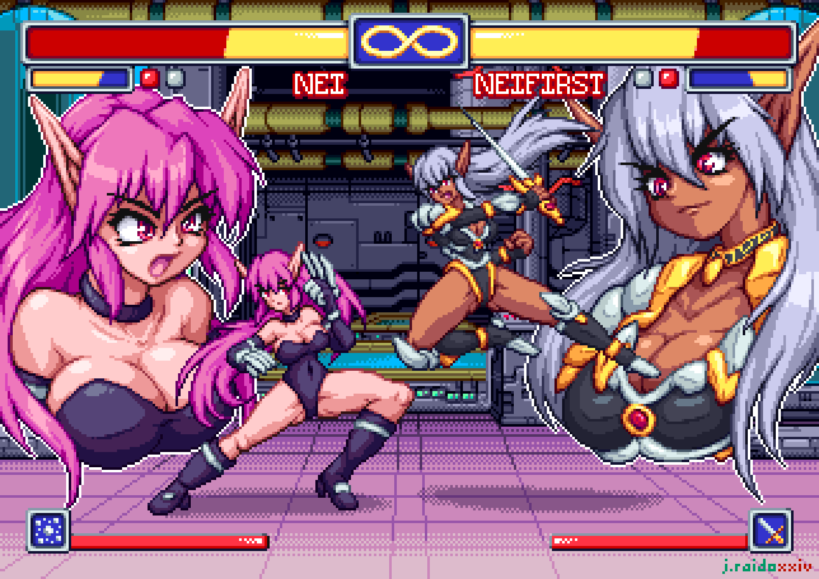 2girls, armor, artist_name, bad_link, bad_twitter_link, boots, breasts, choker