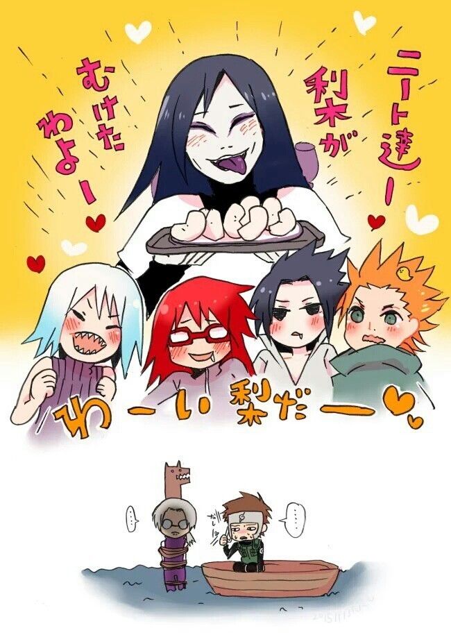 ..., ^_^, animal, animal_on_head, apple, apple_slice, artist_request, bird, bird_on_head, black_hair, blush, boat, brown_hair, closed_eyes, drooling, excited, food, forehead_protector, fruit, green_vest, grey_hair, hair_tied_back, heart, holding, holding_tray, hoozuki_suigetsu, japanese_text, juugo_(naruto), karin_(naruto), layered_sleeves, long_sleeves, multiple_boys, naruto_(series), naruto_shippuuden, on_boat, on_head, orange_hair, orochimaru_(naruto), pale_skin, purple_shirt, red_hair, rope_belt, round_eyewear, sharp_teeth, shirt, short_over_long_sleeves, short_sleeves, short_sleeves_under_sleeveless, sleeveless, sleeveless_shirt, speech_bubble, spiked_hair, teeth, tied_up_(nonsexual), tongue, tongue_out, translation_request, tray, uchiha_sasuke, vest, water, white_hair, yakushi_kabuto, yamato_(naruto)