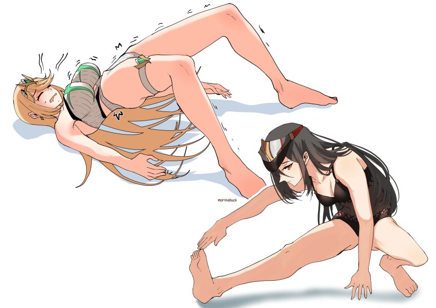 2girls, absurdres, black_hair, black_one-piece_swimsuit, blonde_hair, blush, breasts, casual_one-piece_swimsuit