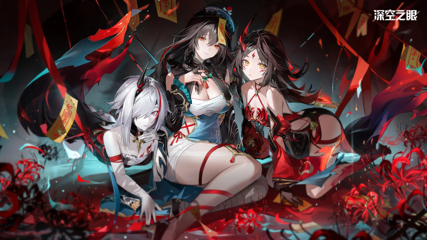 aether_gazer, aqua_dress, arm_strap, bandaged_chest, bandaged_leg, bandages, bare_shoulders, black_collar