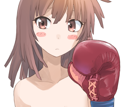 1girl, averting_eyes, blush, blush_stickers, boxing_gloves, brown_eyes, brown_hair, close-up
