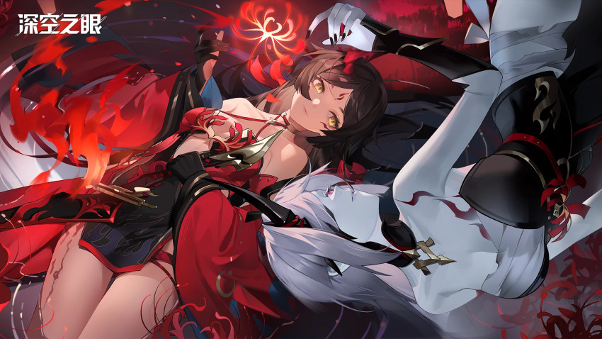 2girls, aether_gazer, bandaged_leg, bandages, bare_legs, bare_shoulders, black_bodysuit, black_dress