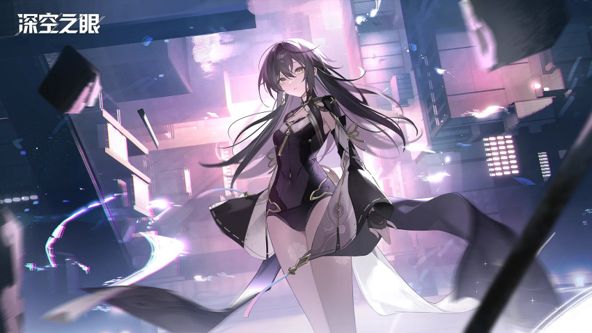 1girl, aether_gazer, black_bodysuit, black_gloves, black_hair, black_sleeves, bodysuit, breasts