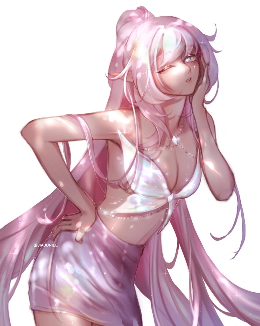 1girl, armpits, bare_shoulders, breasts, cleavage, clothing_cutout, elf, elysia_(honkai_impact)