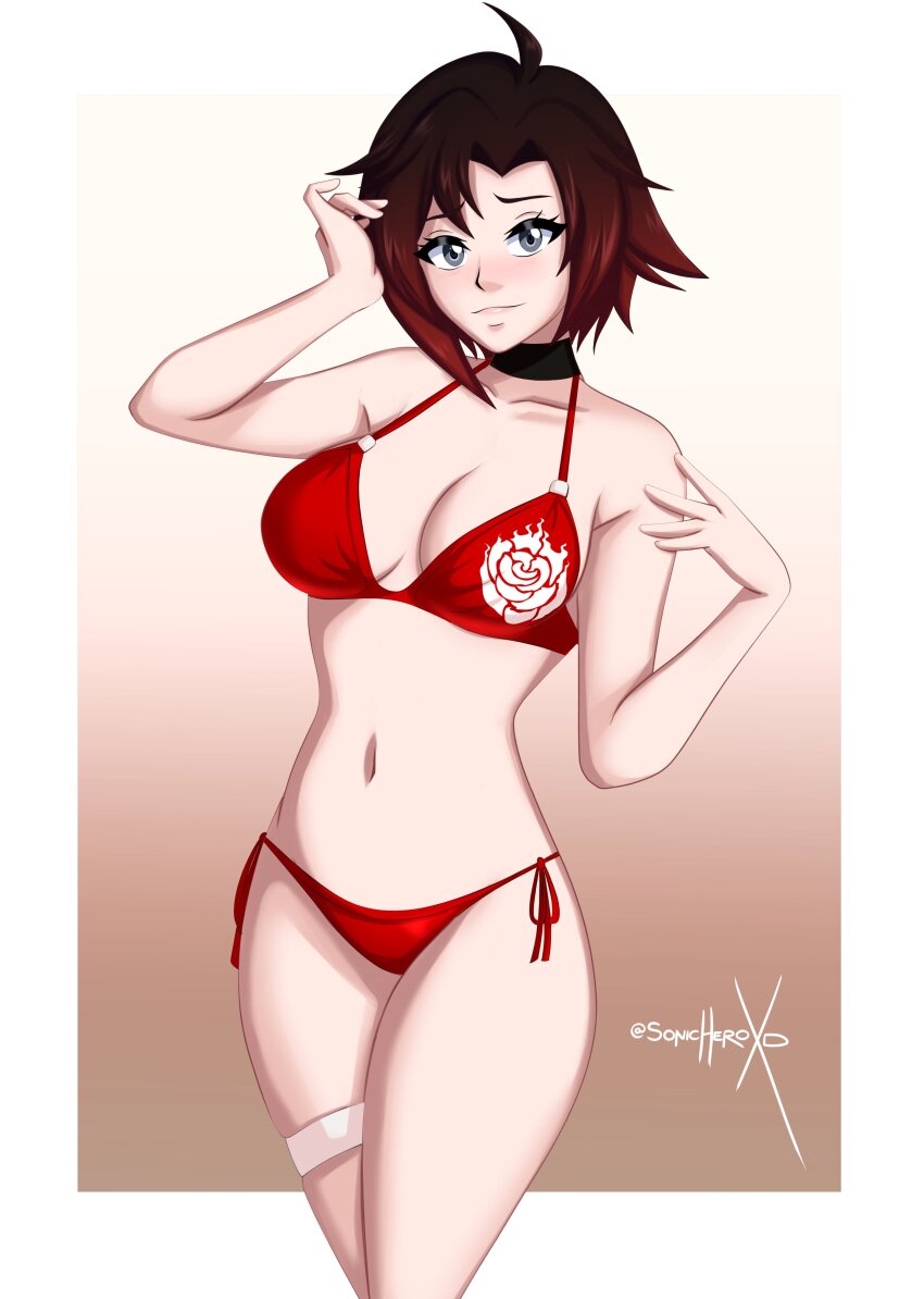 1girl, absurdres, arm_up, bikini, black_choker, black_hair, blush, breasts, choker, cleavage, closed_mouth, cowboy_shot, grey_eyes, hand_up, highres, looking_at_viewer, medium_breasts, multicolored_hair, navel, red_bikini, red_hair, ruby_rose, rwby, short_hair, side-tie_bikini_bottom, signature, solo, sonicheroxd, swimsuit, thigh_strap, two-tone_hair