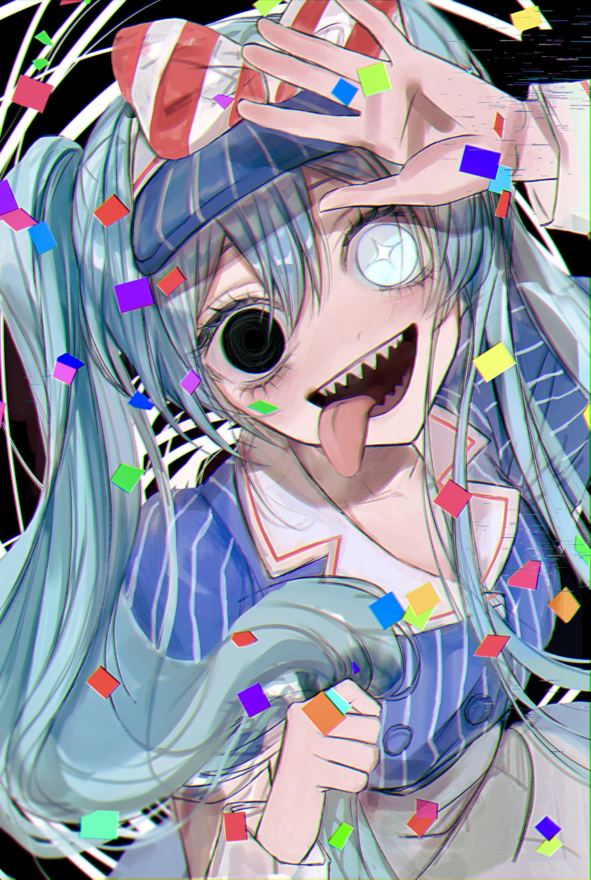 +_+, 1girl, absurdres, apron, arm_up, black_background, blue_dress, blue_eyes, blue_hair, blue_visor, bow, bright_pupils, collared_dress, commentary, confetti, diagonal-striped_bow, dress, facing_up, from_above, hair_between_eyes, hand_up, hatsune_miku, heterochromia, highres, holding, holding_own_hair, long_hair, mesmerizer_(vocaloid), no_pupils, oguraazuki186, open_mouth, red_bow, sharp_teeth, short_sleeves, simple_background, single_empty_eye, smile, solo, striped_bow, striped_clothes, striped_dress, teeth, tongue, tongue_out, twintails, two-tone_bow, upper_body, vertical-striped_clothes, vertical-striped_dress, visor_cap, vocaloid, waist_apron, white_apron, white_bow, white_pupils, white_wrist_cuffs, wrist_cuffs