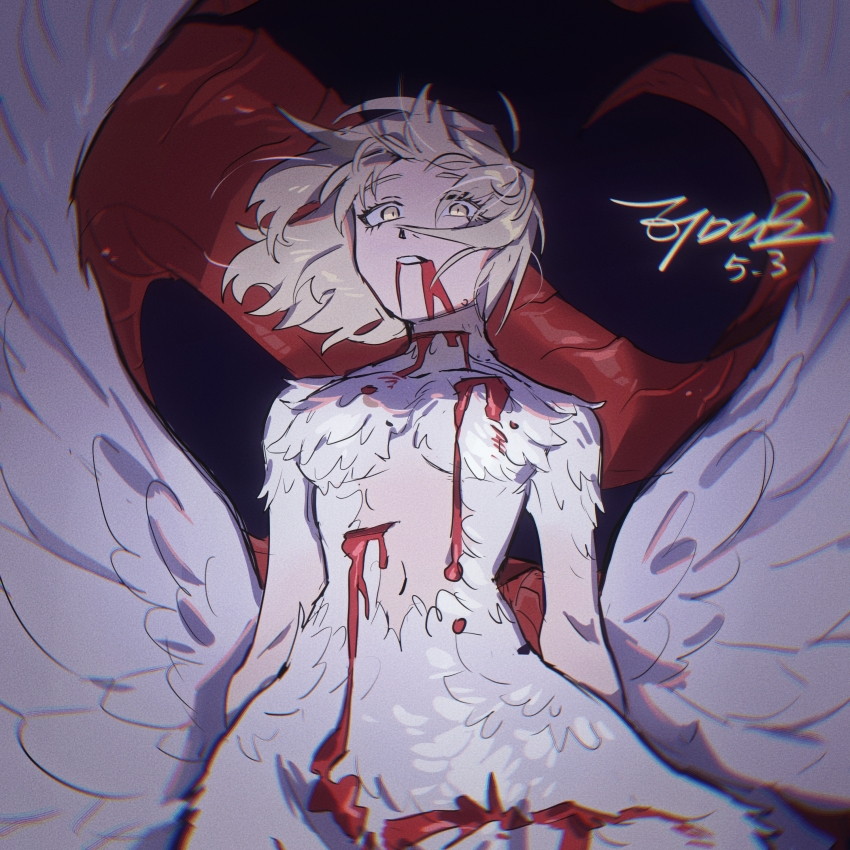 1girl, absurdres, blonde_hair, blood, blood_from_mouth, blood_on_face, dragon_girl, dungeon_meshi, falin_touden, falin_touden_(chimera), feathers, highres, looking_at_viewer, medium_hair, monster_girl, solo, yellow_eyes, zhangtui_de_luobu