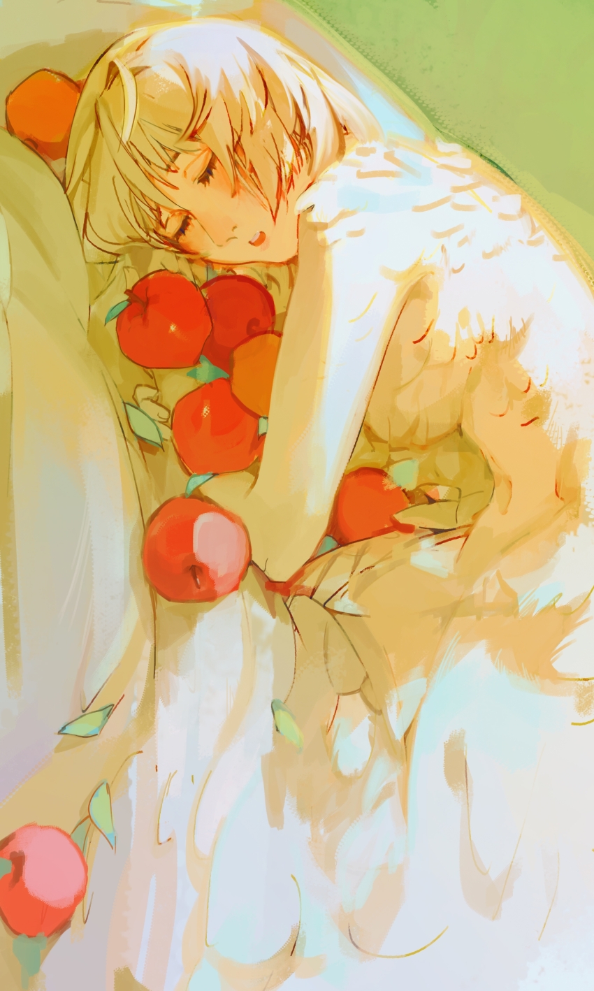 1girl, absurdres, apple, blonde_hair, closed_eyes, dungeon_meshi, falin_touden, falin_touden_(chimera)