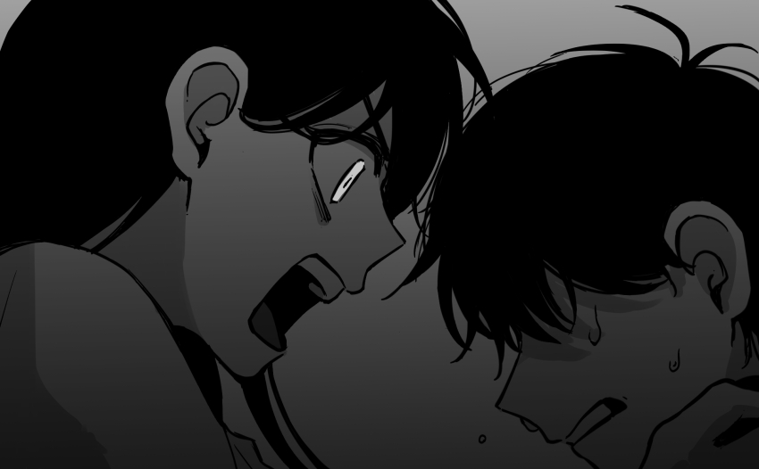 1boy, 1girl, angry, crying, faceless, faceless_male, greyscale, highres