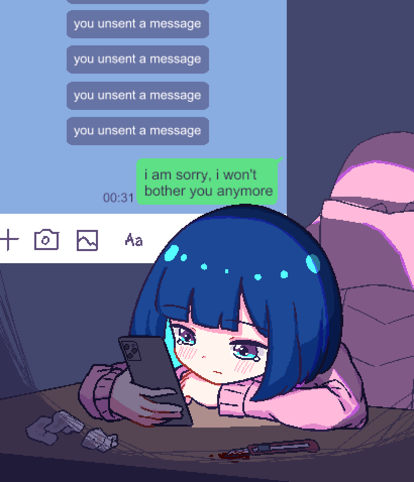 1girl, aqua_eyes, aqua_hair, blood, bloody_knife, blunt_bangs, blunt_ends, blush