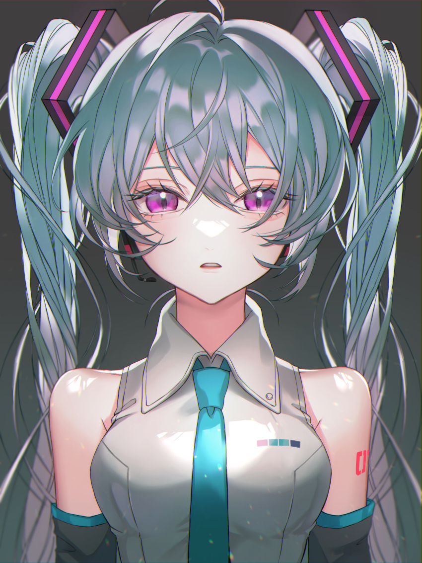 1girl, absurdres, ahoge, alternate_eye_color, aqua_background, aqua_hair, aqua_necktie, aqua_trim