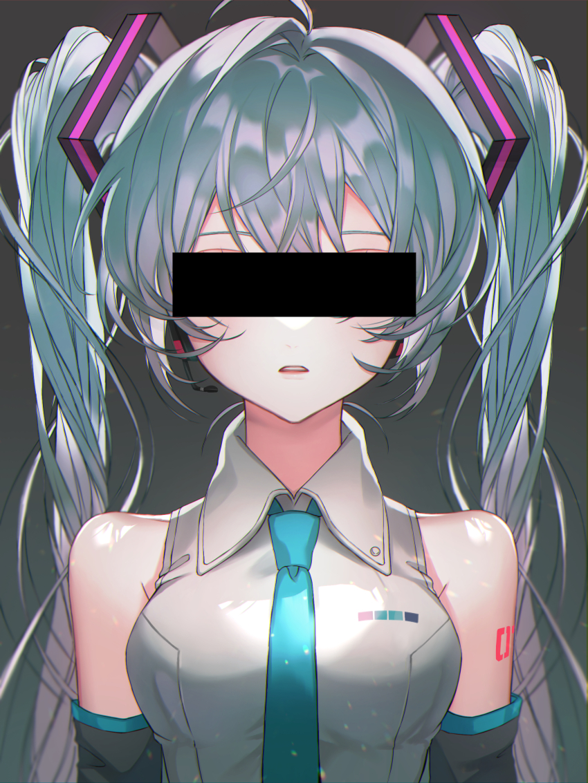 1girl, absurdres, ahoge, aqua_background, aqua_hair, aqua_necktie, aqua_trim, arm_tattoo