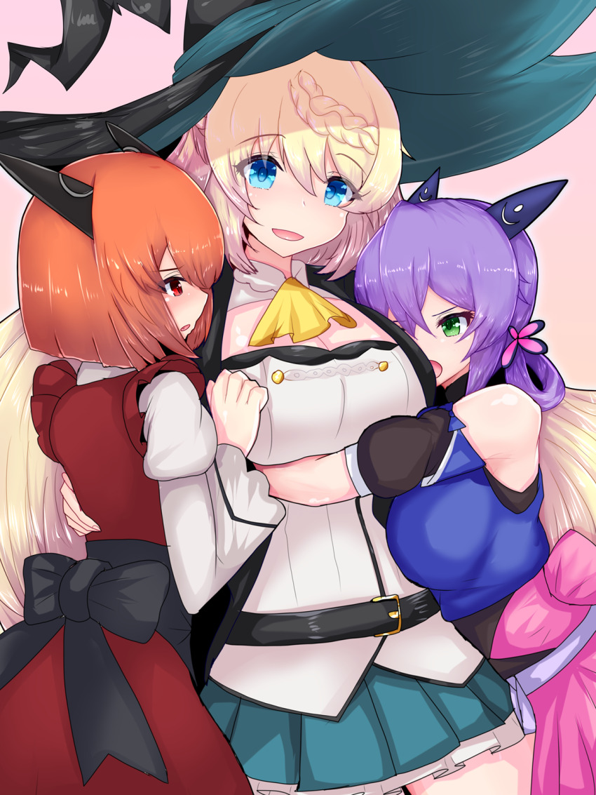 3girls, aizawa_azusa, ascot, belt, black_ribbon, black_robe, blonde_hair, blue_dress, blue_eyes, blue_skirt, blush, braid, breasts, cleavage, double_zeta, dragon_girl, dragon_horns, dress, eyebrows_hidden_by_hair, feet_out_of_frame, flatorte_(slime_taoshite_300_nen), green_eyes, hair_between_eyes, hair_rings, hat, highres, horns, hug, laika_(slime_taoshite_300_nen), large_breasts, large_hat, long_hair, looking_at_another, multiple_girls, open_mouth, orange_hair, purple_hair, red_dress, red_eyes, ribbon, robe, shirt, short_hair, simple_background, skirt, slime_taoshite_300_nen_shiranai_uchi_ni_level_max_ni_nattemashita, smile, strapless, strapless_dress, very_long_hair, waist_ribbon, white_dress, white_shirt, witch, witch_hat, yellow_ascot, yuri