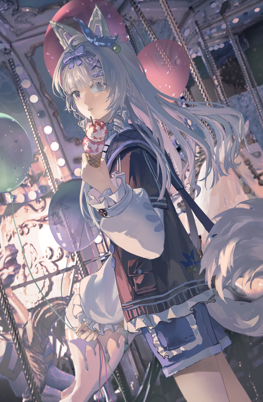 1girl, absurdres, ahoge, animal_ears, balloon, bandaid, bandaid_hair_ornament, black_jacket