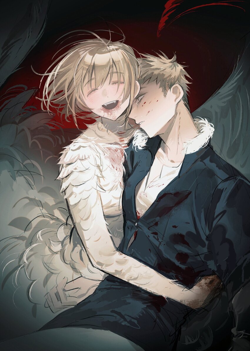 1boy, 1girl, absurdres, black_shirt, blonde_hair, blood, blood_on_clothes, blood_on_face