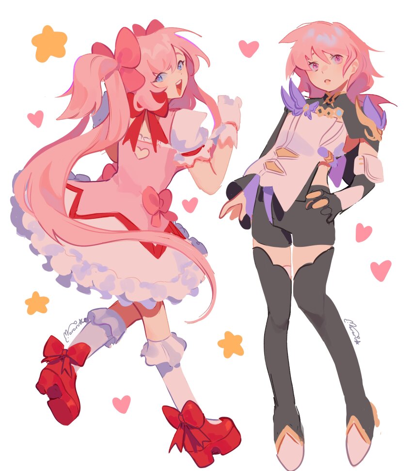 2girls, absurdres, black_footwear, black_gloves, black_shorts, blue_eyes, boots, breasts