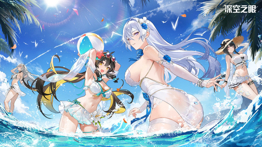4girls, aether_gazer, antenna_hair, ass, backless_dress, backless_outfit, bare_shoulders, beach