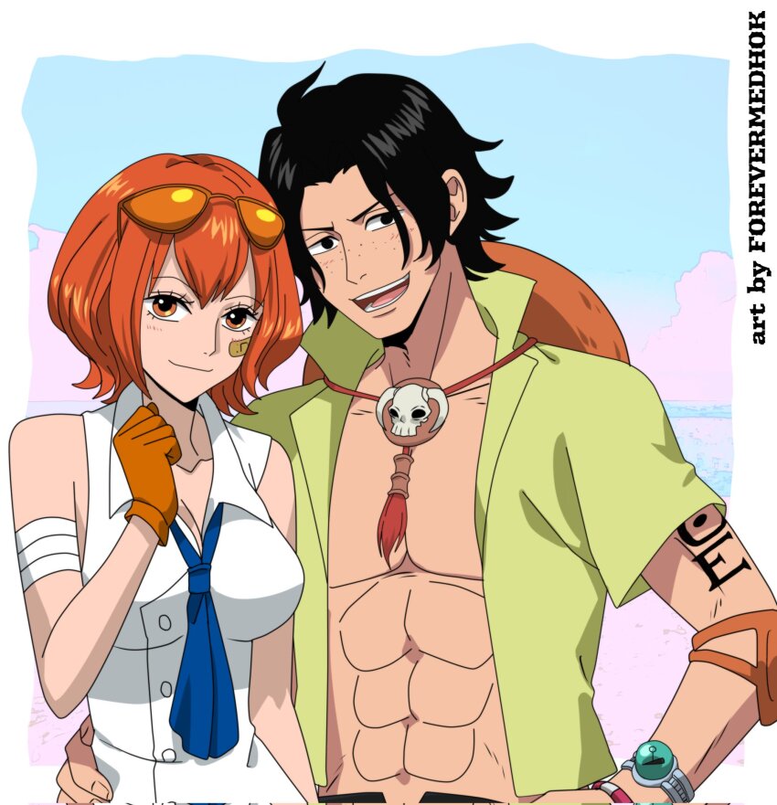 1boy, 1girl, abs, arm_tattoo, artist_name, bandaid, bandaid_on_cheek, bandaid_on_face