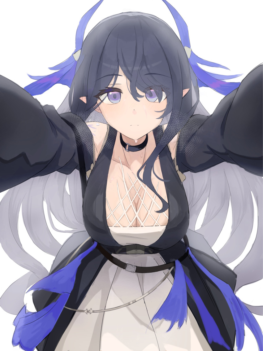 1girl, 8ka43, absurdres, arknights, black_choker, black_dress, black_hair, breasts