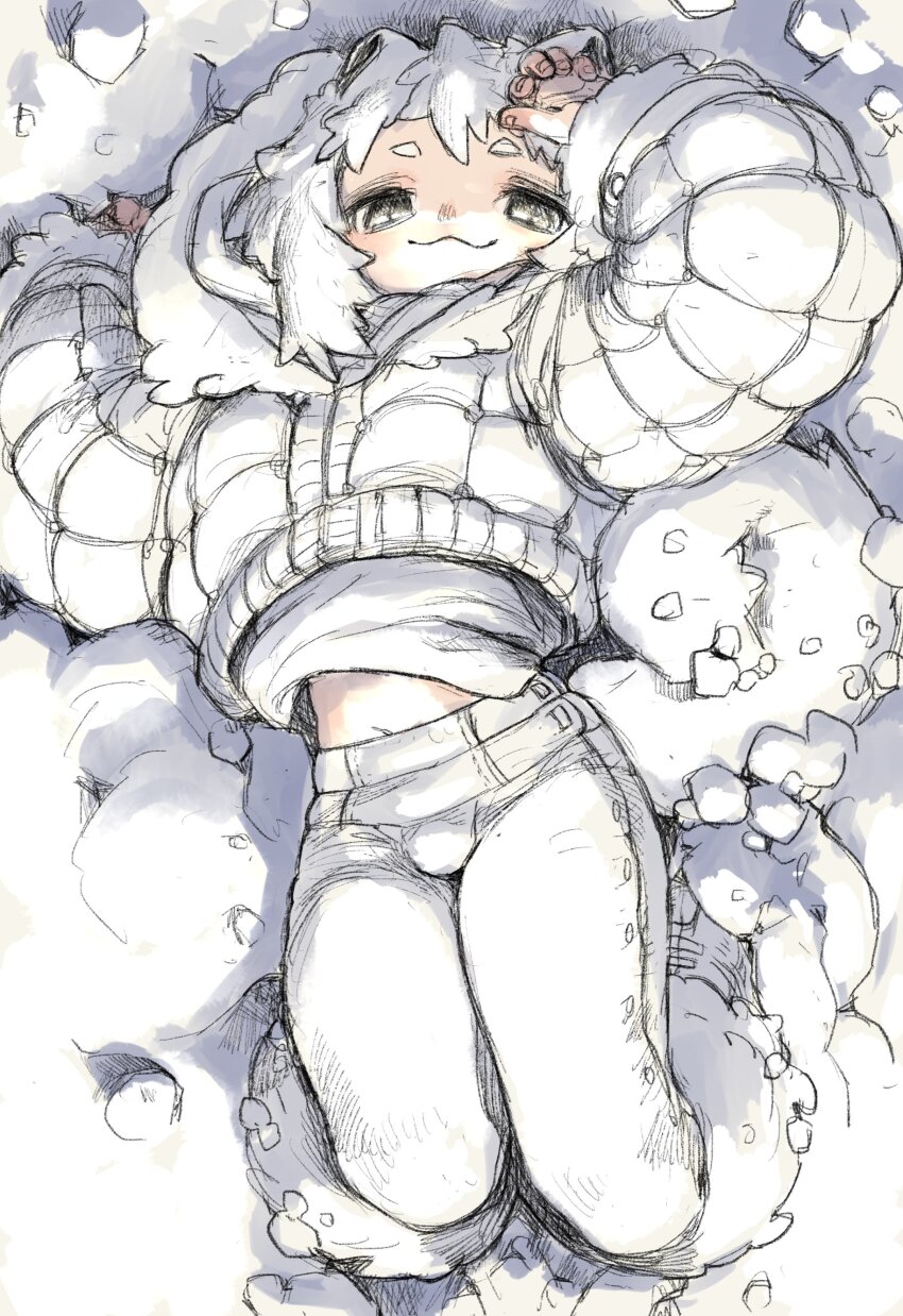 1boy, :3, absurdres, animal_ears, arms_up, black_eyes, boots, bulge, closed_mouth, commentary_request, cropped_jacket, dog_boy, dog_ears, dog_tail, full_body, fur-trimmed_boots, fur_trim, highres, jacket, long_sleeves, looking_at_viewer, lying, male_focus, medium_hair, midriff_peek, on_back, original, pants, samoyed_(dog), shima_(wansyon144), shirt, shota, smile, snow, solo, tail, white_background, white_boots, white_hair, white_jacket, white_pants, white_shirt, white_theme