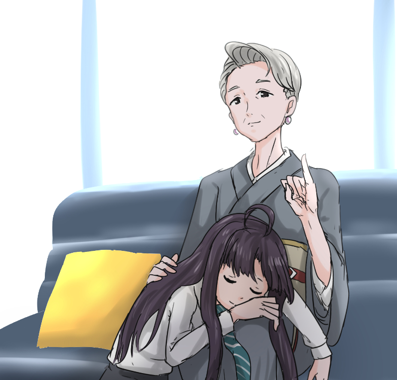 2girls, ahoge, awa_subaru, awa_tendo, black_hair, blue_necktie, chinese_commentary, closed_eyes