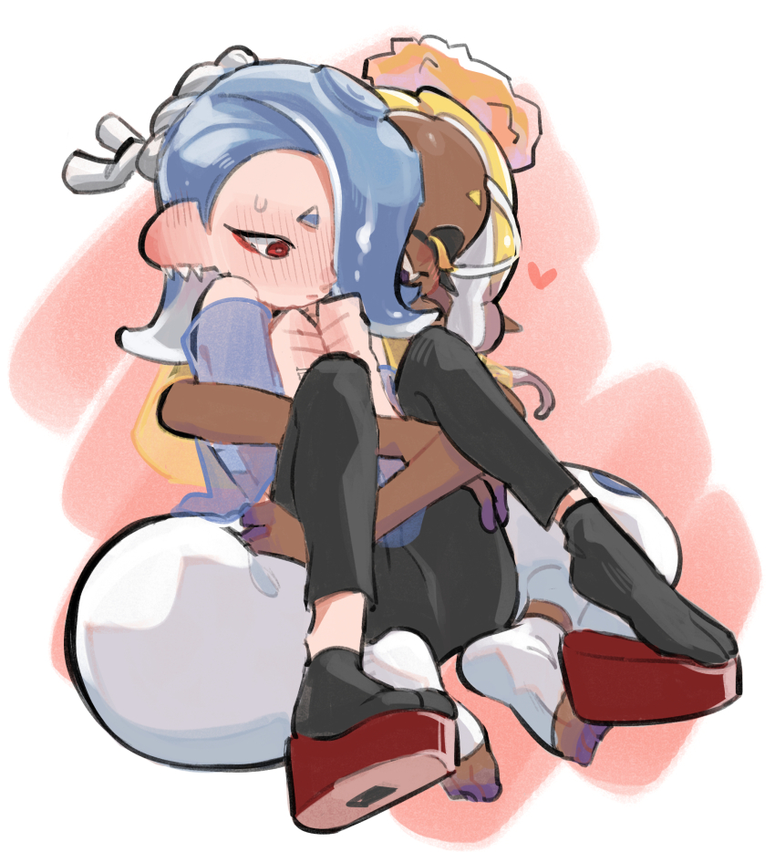 2girls, blue_hair, blush, clenched_hands, dark-skinned_female, dark_skin, frye_(deep_cut_outfit)_(splatoon), frye_(splatoon)
