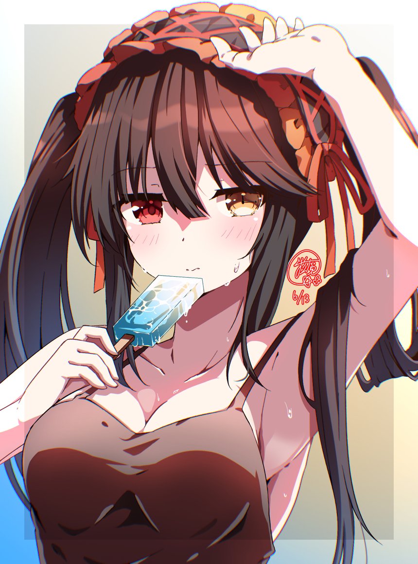 1girl, arm_up, armpits, black_hair, blush, breasts, clock_eyes, date_a_live, food, frilled_hairband, frills, hairband, heterochromia, hoshibana_anima, lolita_hairband, long_hair, looking_at_viewer, medium_breasts, popsicle, red_eyes, solo, sweat, symbol-shaped_pupils, tank_top, tokisaki_kurumi, twintails, upper_body, yellow_eyes