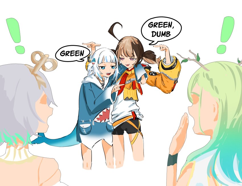 4girls, absurdres, ahoge, arm_on_another's_shoulder, arms_up, belt, bike_shorts, black_shorts, blue_eyes, blue_hoodie, blunt_bangs, brown_hair, cecilia_immergreen, cecilia_immergreen_(1st_costume), ceres_fauna, ceres_fauna_(1st_costume), commentary, english_commentary, english_text, fins, fish_tail, from_behind, gawr_gura, gawr_gura_(1st_costume), gigi_murin, gigi_murin_(1st_costume), highres, hololive, hololive_english, hood, hood_down, hoodie, huge_ahoge, jitome, long_sleeves, looking_at_another, multicolored_hair, multiple_girls, orange_shrug, purple_eyes, shark_tail, shirt, shorts, shrug_(clothing), simple_background, speech_bubble, standing, tail, twintails, two-tone_hair, v-shaped_eyebrows, virtual_youtuber, white_background, white_shirt, yokasparetime