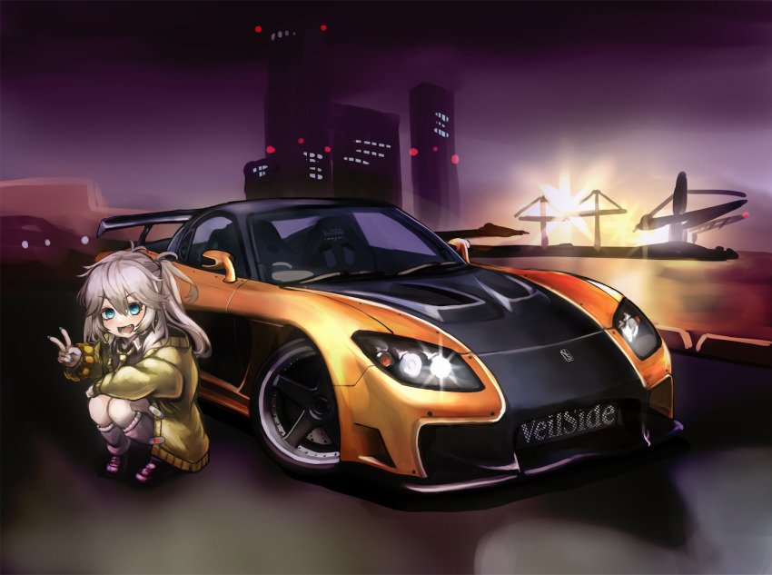 blue_eyes, blue_nails, car, city, crane_(machine), fast_&amp;_furious, glowing, green_jacket, grey_hair, headlight_beam, jacket, kasukabe_tsumugi, long_hair, looking_at_viewer, mazda, mazda_rx-7, mazda_rx-7_fd, motor_vehicle, purple_footwear, smile, spoiler_(automobile), sports_car, squatting, the_fast_and_the_furious:_tokyo_drift, totsu_shoujirou, two_side_up, vehicle_focus, veilside, voicevox
