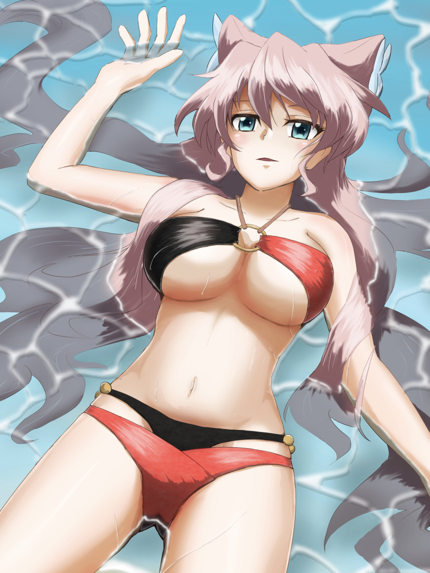 1girl, absurdres, afloat, bare_shoulders, bikini, blush, breasts, cleavage