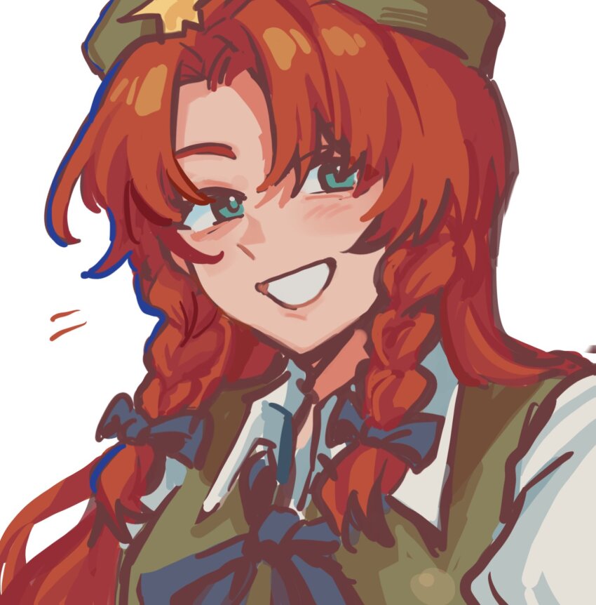 1girl, aqua_eyes, black_bow, black_ribbon, bow, braid, collared_shirt, green_hat